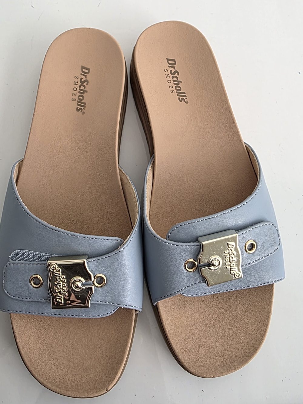 Dr. Scholl's Women's Pale Blue Slide Sandals with Gold Hardware
